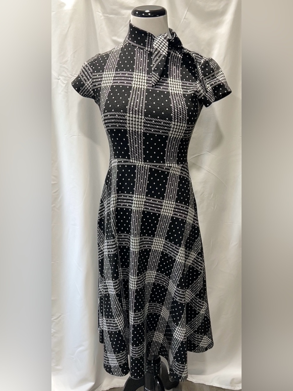 Maeve Anthropologie Black White Plaid Polka Dot Mock Neck Midi Dress Sz XXS